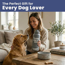 Load image into Gallery viewer, Dog Water Bottle for Dog Lovers - 32 oz Stainless Steel Double Wall Insulated Water Bottle with 8 oz Detachable Bowl on Bottom- Ideal Doggy Lover Gift for Hiking, Walking, Travel - “Love" Smoky Grey

