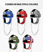 Load image into Gallery viewer, DMoose Fitness Neck Harness for Weight Lifting - Soft Padded Head &amp; Chin Strap with 30" Heavy Duty Steel Chain - Neck Exerciser, Trainer &amp; Strengthener to Support Injury Recovery (American)
