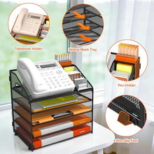 Load image into Gallery viewer, DocNest 5 Tier Metal Mesh Letter Tray - Space Saving Desk File Organizer with Handle, Pen Holder &amp; Folder Holder - Desktop Document Sorter for Office, Home, School, Classroom - Black

