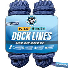 Load image into Gallery viewer, Premium Nylon Boat Dock Lines &amp; Ropes for Docking 1/2'' x 20' | Double Braided Marine Rope &amp; Mooring Line| Boat Ropes for Docking with Loop | UV &amp; Saltwater Resistant Dock Ropes for Boats &amp; Pontoons
