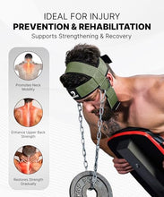 Load image into Gallery viewer, DMoose Fitness Neck Harness for Weight Lifting - Soft Padded Head &amp; Chin Strap with 30" Heavy Duty Steel Chain - Neck Exerciser, Trainer &amp; Strengthener to Support Injury Recovery (Military Green)
