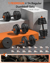 Load image into Gallery viewer, FEIERDUN Adjustable Dumbbells, 70lbs Free Weight Set with Connector, 4 in1 Dumbbells Set Used as Barbell, Kettlebells, Push up Stand, Fitness Exercises for Home Gym Suitable Men/Women
