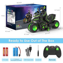 Load image into Gallery viewer, Remote Control Motorcycle for Boys 4-7, 2026 New RC Dirt Bike Toys with RGB Color-Changing Wheels &amp; Exclusive Sideways Glide

