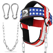 Load image into Gallery viewer, DMoose Fitness Neck Harness for Weight Lifting - Soft Padded Head &amp; Chin Strap with 30" Heavy Duty Steel Chain - Neck Exerciser, Trainer &amp; Strengthener to Support Injury Recovery (American)

