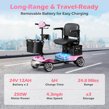 Load image into Gallery viewer, Mobility Scooter for Adults with Spare Battery – 24.8 Miles Total Range, 4-Wheel Foldable Portable Motorized Scooter, 330 lbs Capacity, Dual Baskets, Cup &amp; Phone Holder, Pink
