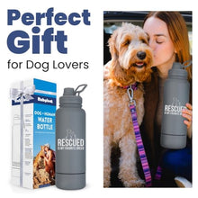 Load image into Gallery viewer, Rescue Dog Lover Water Bottle – 32 oz Stainless Steel Double Wall Insulated with 8 oz Detachable Bowl – Animal Rescue Gifts for Dog or Cat Lovers – “Rescued is My Favorite Breed” – Smoky Grey
