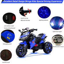 Load image into Gallery viewer, 3-Wheel Ride-On Toy Motorbike with Lighting Wheels, Music Player (Connect with Phone) and Hand Drive (Blue)
