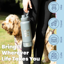 Load image into Gallery viewer, Dog Water Bottle for Dog Lovers - 32 oz Stainless Steel Double Wall Insulated Water Bottle with 8 oz Detachable Bowl on Bottom- Ideal Doggy Lover Gift for Hiking, Walking, Travel - “Love" Smoky Grey
