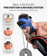 Load image into Gallery viewer, DMoose Fitness Neck Harness for Weight Lifting - Soft Padded Head &amp; Chin Strap with 30" Heavy Duty Steel Chain - Neck Exerciser, Trainer &amp; Strengthener to Support Injury Recovery (Blue)
