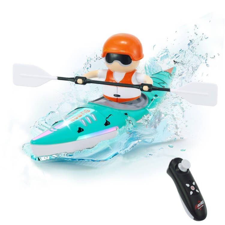 RC Boat for Kids, Remote Control Boat with LED Lights, 2.4GHz Simulated RC Kayak Boat with Paddle (Blue)