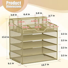 Load image into Gallery viewer, Docnest 5 Tier Mesh Desk Organizer for Paper Office Supplies – Multi-Functional Letter Tray with 5 Adjustable Compartments, 3 Pen Holders, Desktop Storage for Files, Mail, Stationery – Gold
