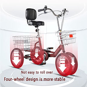 Three Wheel Bike, Adult Tricycle Small Adult Bicycle 4Wheel+Seat Backrest Basket Traditional Design for Seniors Cycling Pedalling