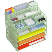 Load image into Gallery viewer, Docnest 5 Tier Mesh Desk Organizer for Paper Office Supplies – Multi-Functional Letter Tray with 5 Adjustable Compartments, 3 Pen Holders, Desktop Storage for Files, Mail, Stationery – Green
