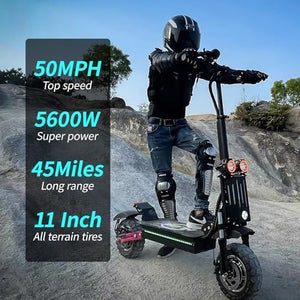 Electric Scooter for Adults Peak 5600W Dual Motor Up to 50MPH,Battery Range to 45Miles Fast Sports Escooter 11" Off Road Tires 800lbs Max