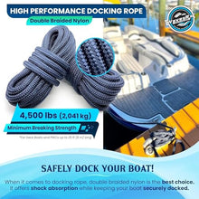 Load image into Gallery viewer, Premium Nylon Boat Dock Lines &amp; Ropes for Docking 3/8'' x 15' | Double Braided Marine Rope &amp; Mooring Line| Boat Ropes for Docking with Loop | UV &amp; Saltwater Resistant Dock Ropes for Boats &amp; Pontoons
