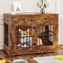Load image into Gallery viewer, 44.5'' Dog Crate Furniture with Storage Dog Kennel w/2 Drawers, Heavy-Duty Wooden Dog House Indoor End Table Tv Stand with Charging Station Pet Cage for Small/Medium Dogs(Brown)
