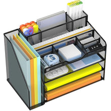 Load image into Gallery viewer, Docnest 4 Tier Mesh Desk Organizer with File Holder – Multi-Functional Paper Letter Tray with 5 Adjustable Compartments, 3 Pen Holders, Desktop Storage for Files, Mail, Stationery – Black
