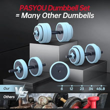 Load image into Gallery viewer, PASYOU Adjustable Dumbbell Set, 45lbs Free Weight Set with Connector, 5 in 1 Weight Set Used as Kettlebells, Barbell, Push up Stand, Fitness Exercises for Home Gym Suitable Men/Women
