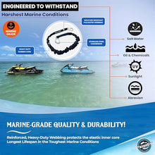 Load image into Gallery viewer, WAVESRX DockingPal™ - Premium Flat Bungee Dock Lines for Boats I Elastic Boat Dock Rope with Stainless Steel Carabiners | Stretches from 3' to 5' | Absorbs Shocks Prevent Damage to Jet Ski &amp; PWC
