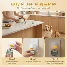 Load image into Gallery viewer, 4-Pack Dog Calming Diffuser Kit (1 Diffuser + 3 Refills), Plug-in Pheromone Calming Diffuser for Dog, 90-Day Supply, Covers 700 sq ft, Safe &amp; Odorless Stress Relief Solution, Promotes Relaxed Behavior
