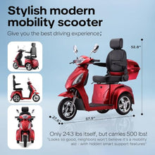 Load image into Gallery viewer, Super Large Electric 3 Wheel Mobility Scooters, Heavy Duty 800W Wheelchair Device, 25 Miles Long Range, All Terrain Mobility Scooter，Speed Adjust, Remote Key,Receive Ready to Ride (3 Wheel-red)
