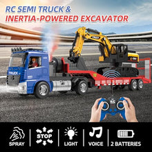 Load image into Gallery viewer, 6 CH Remote Control Flatbed Truck and Inertia-Powered Excavator Toys for Kids Boys, Blue
