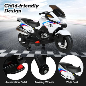 Kids Motorcycle, 12V Battery Powered Electric Motorbike w/Training Wheels, LED Lights, Foot Pedal & Spring Suspension (White)