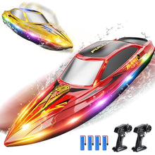 Load image into Gallery viewer, DEERC 2-Pack RC Boats for Kids, Fast Remote Control Boat with 4×1200mAh Batteries
