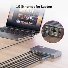 Load image into Gallery viewer, AV Access iDock P10 KVM Docking Station 2 Monitors 2 PCs, GbE, EDID, 5xUSB-A, 65W PD, USB C Hub, 4K@60Hz HDMI &amp; DisplayPort USB C KVM Switch Dual Monitor Laptop &amp; Desktop, Audio, SD, Remote Switch
