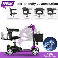 Load image into Gallery viewer, 45 Miles 4 Wheels Mobility Scooter for Seniors/Adults Up to 300LBS,350W Electric Wheelchair Detachable Lithium Battery,Dual Baskets,Rotating Seat,with Taillight, USB Charging, Purple 40AH
