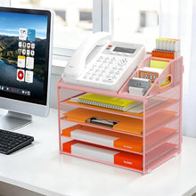 Load image into Gallery viewer, DocNest 5 Tier Metal Mesh Letter Tray - Space Saving Desk File Organizer with Handle, Pen Holder &amp; Folder Holder - Desktop Document Sorter for Office, Home, School, Classroom - Pink
