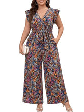 Load image into Gallery viewer, Chevibe Plus Size Jumpsuits for Women V Neck Ruffle Sleeve Wide Leg Rompers with Pockets Belted High Waist Casual Formal Jumpsuit
