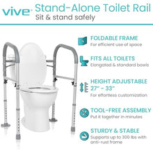 Load image into Gallery viewer, Vive Toilet Safety Rail - Medical Chair for Handicapped &amp; Seniors - Folding Bathroom Frame w/Handles, Arms for Elderly, Disabled - Standalone Grab Bar - Seat Assistance Support Stand Up Assist
