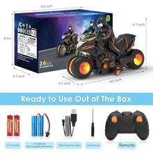 Load image into Gallery viewer, Remote Control Motorcycle for Kids 5-12, 2026 New Edition RC Stunt Bike with Sideways Glide, RGB Color-Changing Wheels
