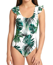 Load image into Gallery viewer, DOCUMO Girls One Piece Swimsuit Ruffle Quick Dry Bathing Suit for Kids 6-15Y, Tropical/Leopard/Tie Dye Printed Beach Swimsuit (Coconut Tree, X-Large)

