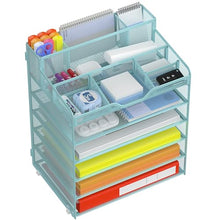 Load image into Gallery viewer, Docnest 6 Tier Mesh Desk Organizer for Paper Office Supplies – Multi-Functional Letter Tray with 5 Adjustable Compartments, 7 Pen Holders, Desktop Storage for Files, Mail, Stationery – Blue
