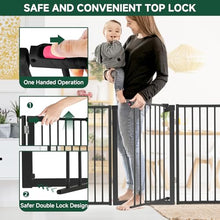 Load image into Gallery viewer, Snagle Paw Metal Freestanding Dog Gate with Door, 80” W x 24” H Dog Fence with Support Feet for Doorways, Stairs and Hallways, Portable Pet Gate for Indoor Use (4 Panel, Black)
