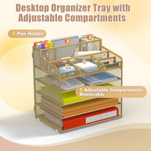 Load image into Gallery viewer, Docnest 5 Tier Mesh Desk Organizer for Paper Office Supplies – Multi-Functional Letter Tray with 5 Adjustable Compartments, 3 Pen Holders, Desktop Storage for Files, Mail, Stationery – Gold

