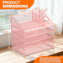Load image into Gallery viewer, DocNest 5 Tier Metal Mesh Letter Tray - Space Saving Desk File Organizer with Handle, Pen Holder &amp; Folder Holder - Desktop Document Sorter for Office, Home, School, Classroom - Pink
