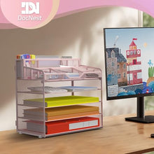 Load image into Gallery viewer, Docnest 5 Tier Mesh Desk Organizer for Paper Office Supplies – Multi-Functional Letter Tray with 5 Adjustable Compartments, 3 Pen Holders, Desktop Storage for Files, Mail, Stationery – Pink
