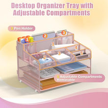 Load image into Gallery viewer, Docnest 3 Tier Mesh Desk Organizer for Paper Office Supplies – Multi-Functional Letter Tray with 5 Adjustable Compartments, 3 Pen Holders, Desktop Storage for Files, Mail, Stationery – Pink
