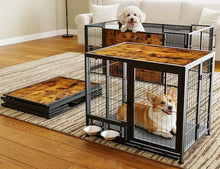 Load image into Gallery viewer, Heavy Duty Dog Crate for Small Dogs, 3 in 1 32.7" Foldable Collapsible Dog Kennel &amp; Playpen with Lockable Wheels &amp; Feeding Bowls, Escape-Proof Metal Dog Cage for Indoor Outdoor Use, Rustic Brown
