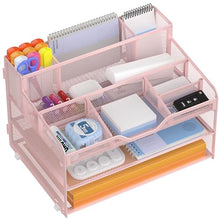 Load image into Gallery viewer, Docnest 3 Tier Mesh Desk Organizer for Paper Office Supplies – Multi-Functional Letter Tray with 5 Adjustable Compartments, 3 Pen Holders, Desktop Storage for Files, Mail, Stationery – Pink
