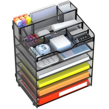 Load image into Gallery viewer, Docnest 6 Tier Mesh Desk Organizer for Paper Office Supplies – Multi-Functional Letter Tray with 5 Adjustable Compartments, 3 Pen Holders, Desktop Storage for Files, Mail, Stationery – Black
