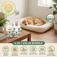 Load image into Gallery viewer, 4-Pack Dog Calming Diffuser Kit (1 Diffuser + 3 Refills), Plug-in Pheromone Calming Diffuser for Dog, 90-Day Supply, Covers 700 sq ft, Safe &amp; Odorless Stress Relief Solution, Promotes Relaxed Behavior
