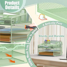 Load image into Gallery viewer, Docnest 3 Tier Mesh Desk Organizer for Paper Office Supplies – Multi-Functional Letter Tray with 5 Adjustable Compartments, 3 Pen Holders, Desktop Storage for Files, Mail, Stationery – Green
