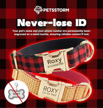 Load image into Gallery viewer, Personalized Polyester Dog Collar with Laser-Engraved Name and Phone Number, Plaid Pattern Theme Customizable Collar with Metal Quick Release Buckle for Small Medium Large Dogs
