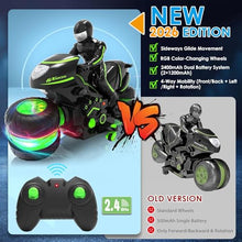 Load image into Gallery viewer, Remote Control Motorcycle for Boys 4-7, 2026 New RC Dirt Bike Toys with RGB Color-Changing Wheels &amp; Exclusive Sideways Glide
