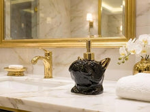 Load image into Gallery viewer, NEWHENGS French Bulldog Shaped Soap/Lotion/Hand Sanitizer Bulldog Ceramic Stainless Steel Pump Dispenser Gifts for Lover, Refillable for Kitchen and Bathroom(Gold/Black)
