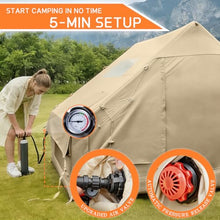Load image into Gallery viewer, Inflatable Tents for Camping, 4-6 Person Easy Blow Up Tent with Hand Pump,4 Seasons Waterproof Air Inflatable Camping Tent,Hot Tent with Skylight and Stove Jack for Family Camping,Beige

